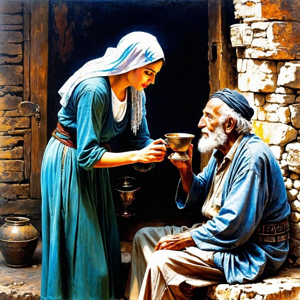 Ancient Woman Helps Man with Cup, Romantic Painting