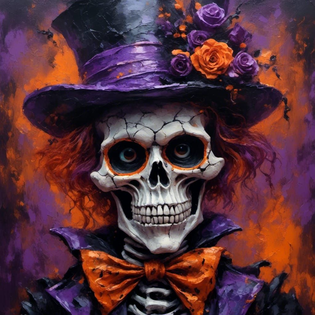 Surreal Halloween Skeleton Hatter in Oil Painting Style