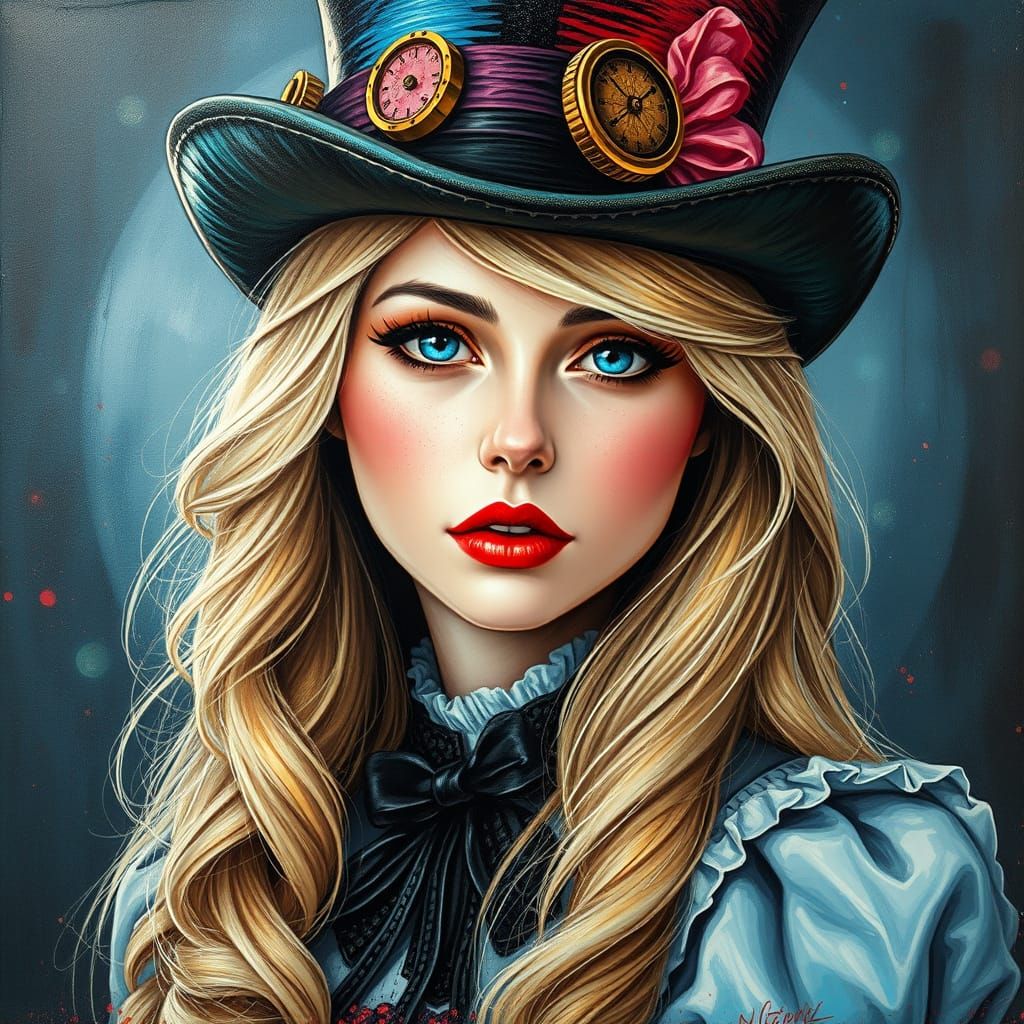 Steampunk Alice in Wonderland Portrait in Impasto Style