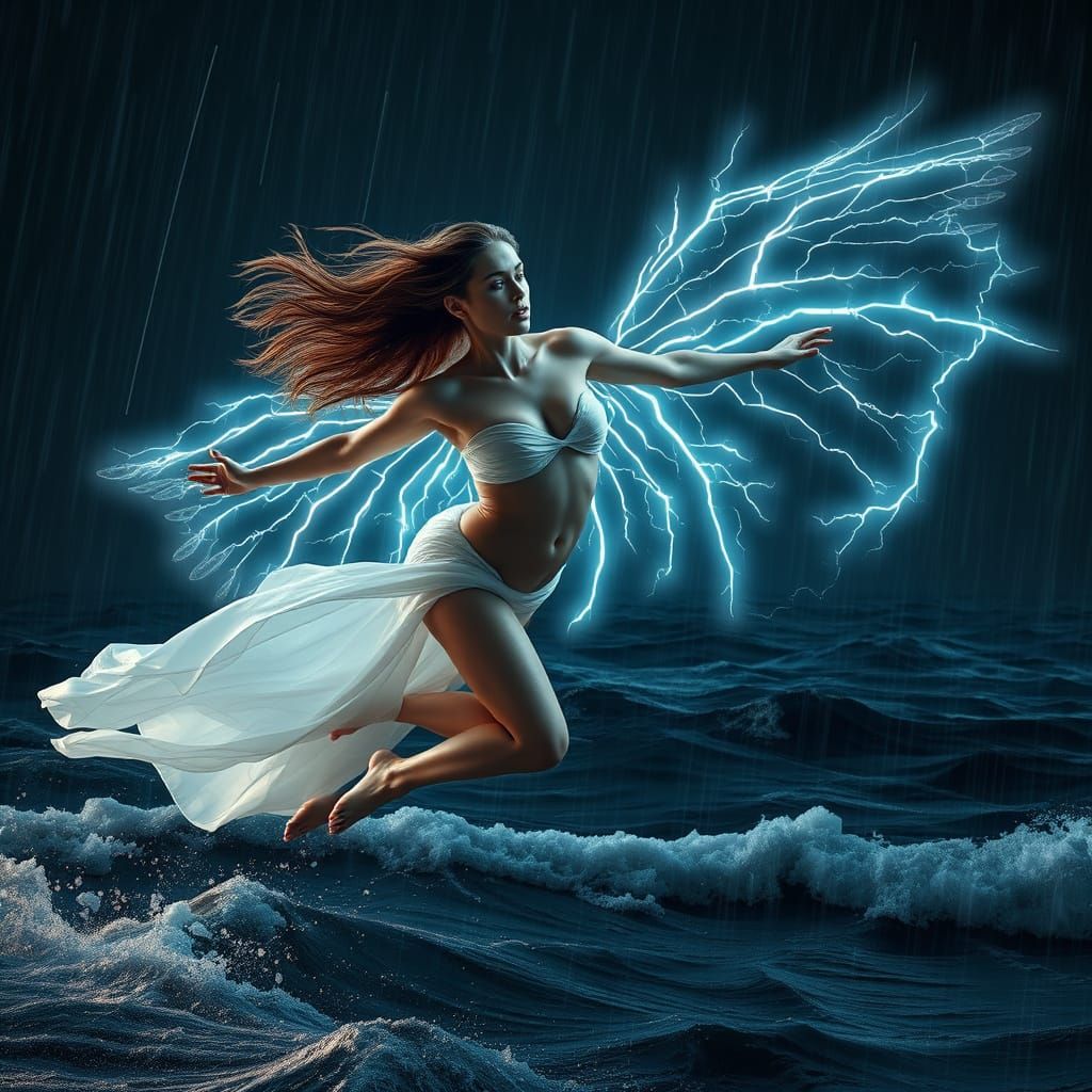Goddess of Stormy Skies Soars Through Turbulent Ocean Night