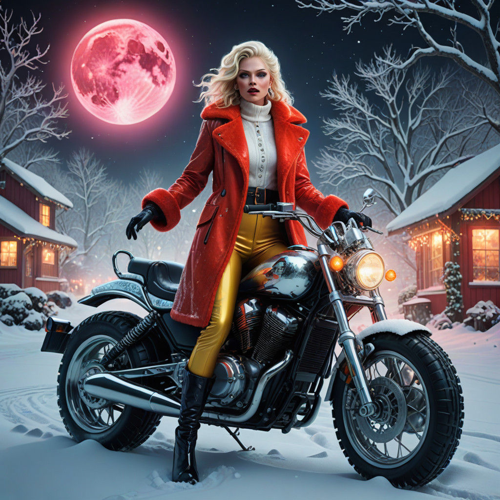 Surreal Winter Wonder Woman in Red Santa Coat with Yellow Ho...