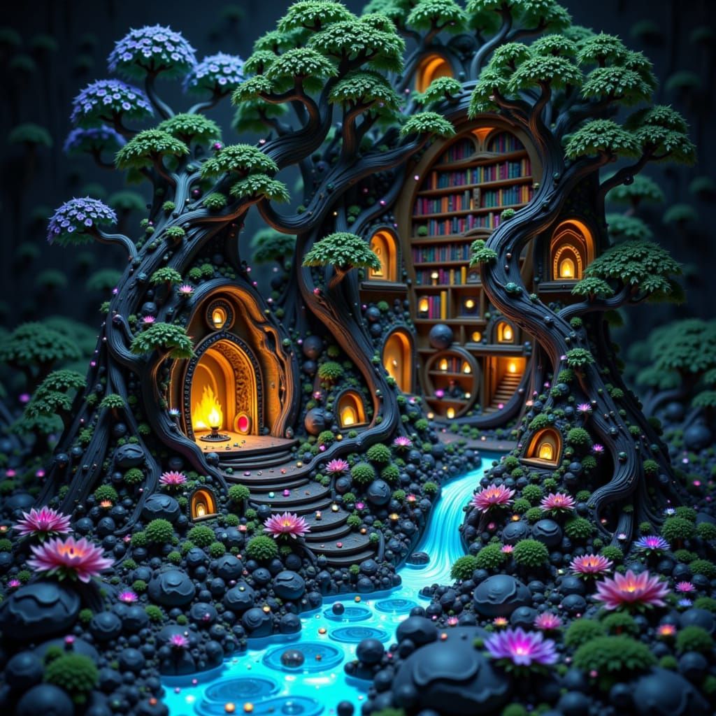 Enchanted Bonsai Library with Bioluminescent Flora