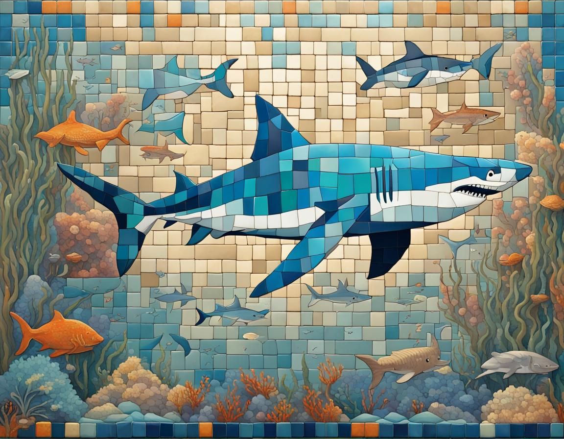 Mosaic Shark Tries To Escape Bathroom Wall