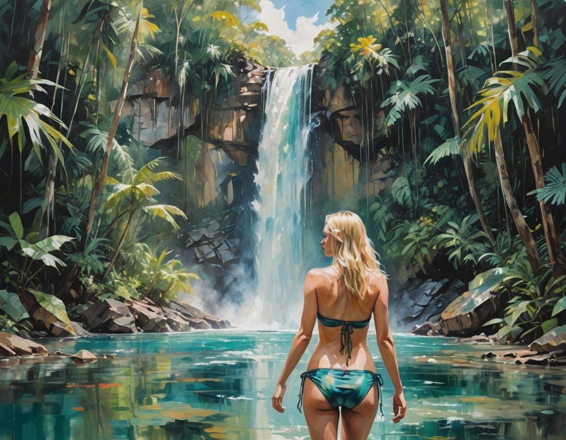 Tropical Waterfall Oil Painting with Blonde Woman