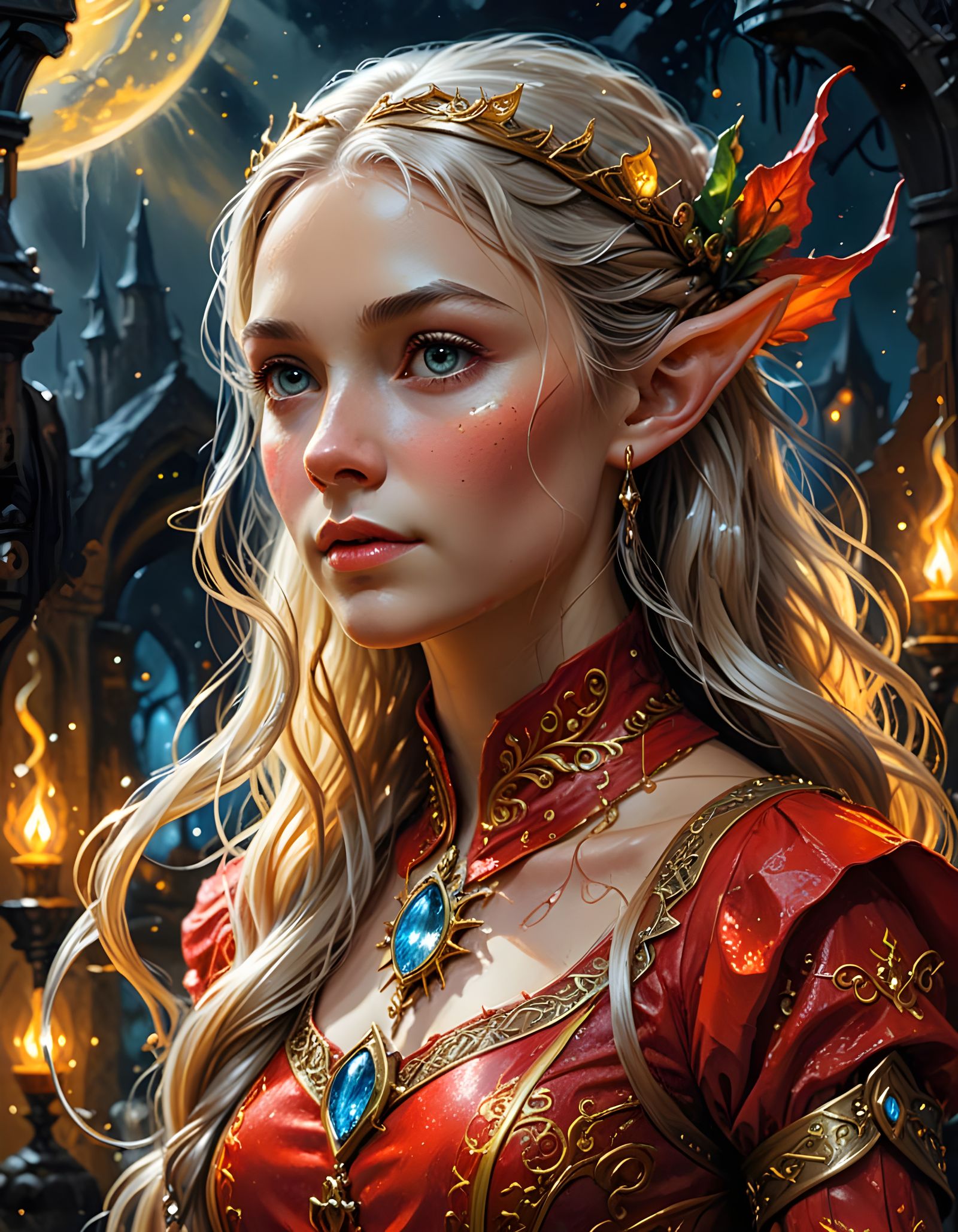 Steampunk Elf Galadriel in a Vibrant Cityscape