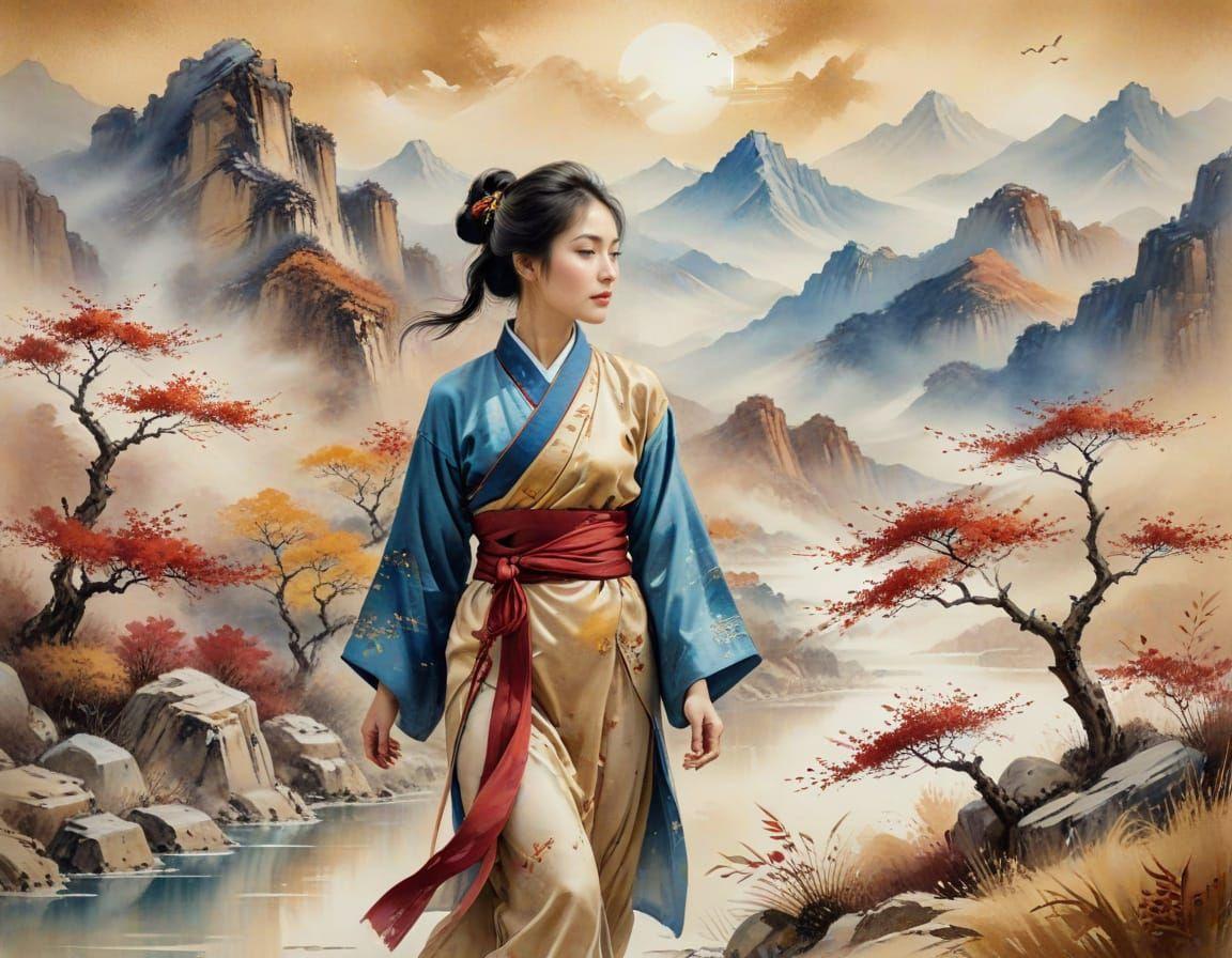 Woman in Traditional Dress in Chinese Watercolour Painting