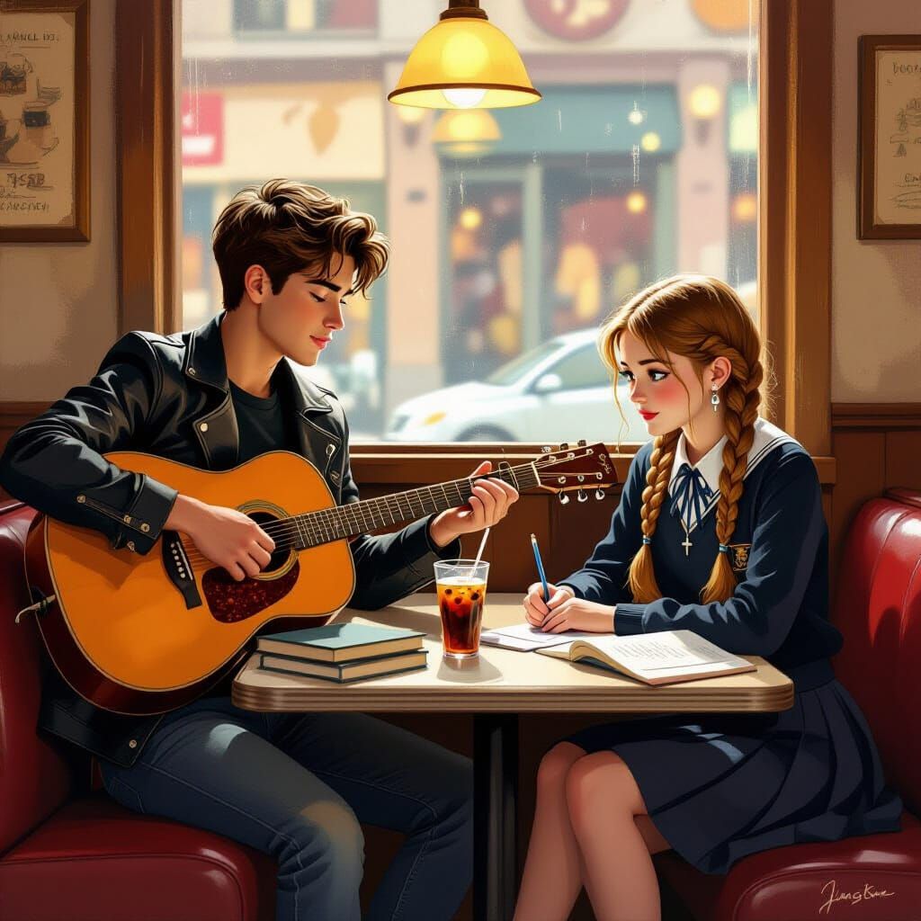 Cozy Cafe Scene: Italian Man Serenades Sketching Girl