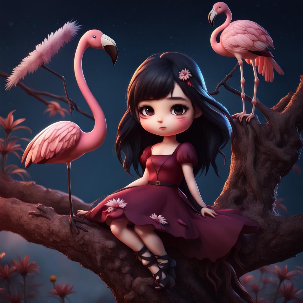 Chibi Girl with Flamingo in Detailed Matte Painting