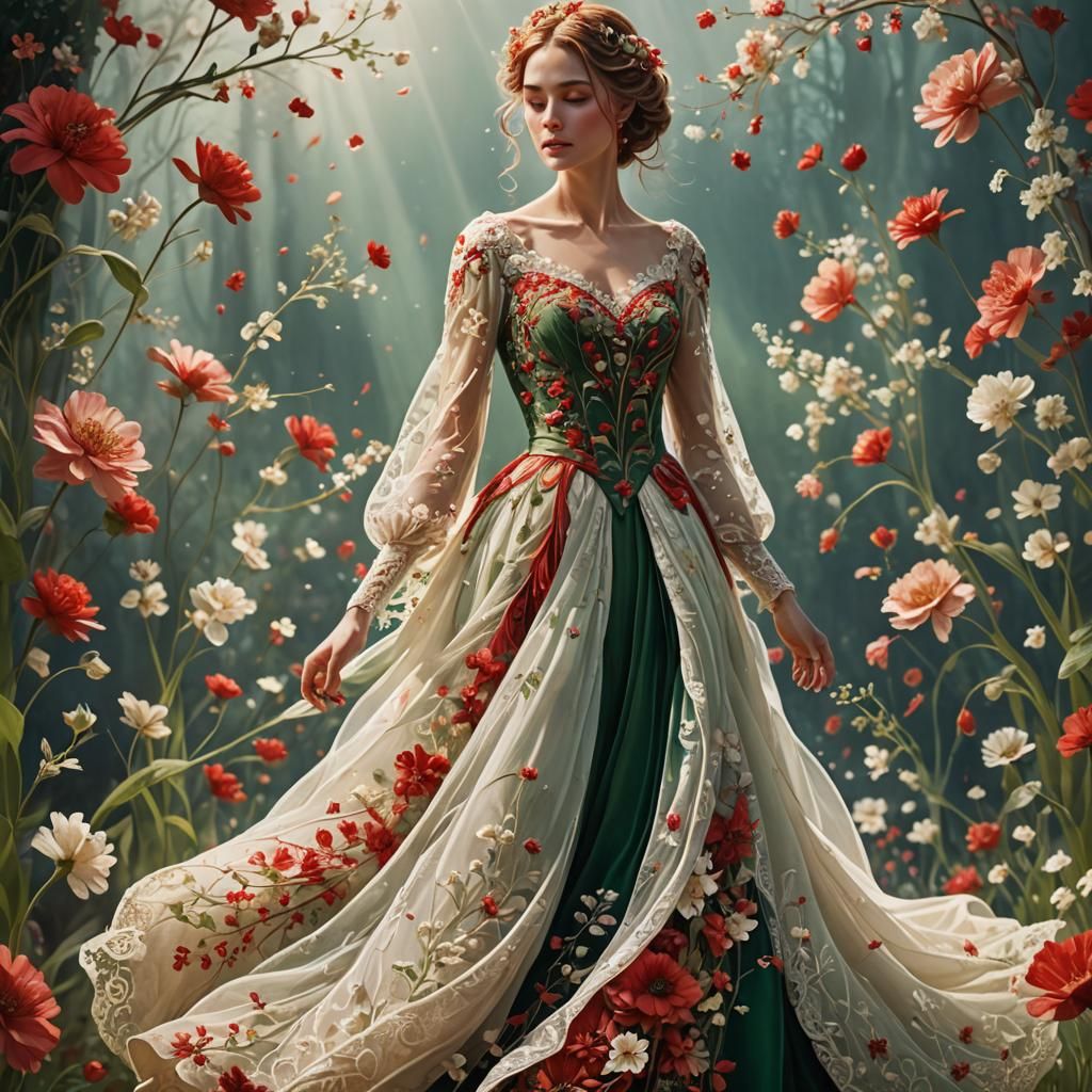 Woman's Gown Transforms into Flowers: Fantasy Illustration