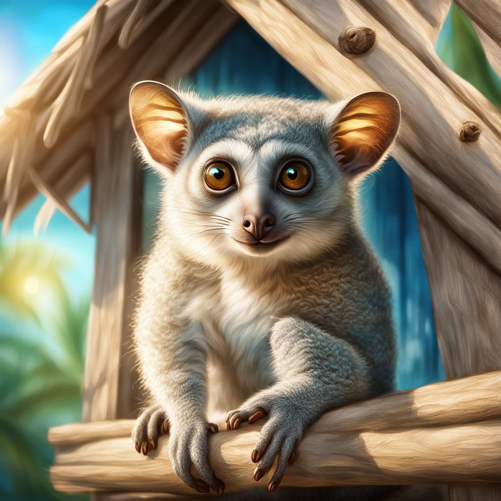 Hyperrealistic Bushbaby Portrait in Tropical Beach Hut