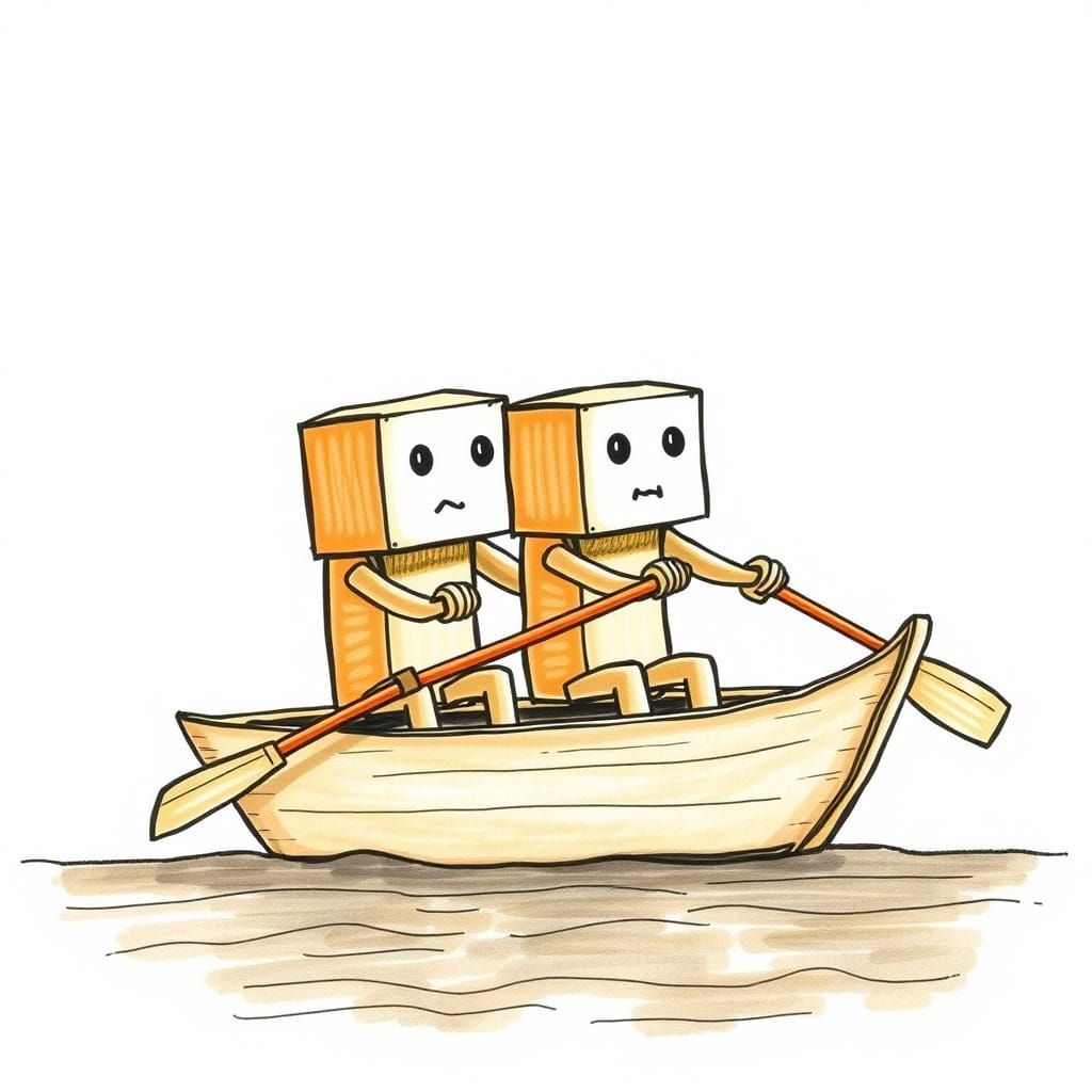 Wooden Cubes Rowing a Rowboat in Whimsical Drawing