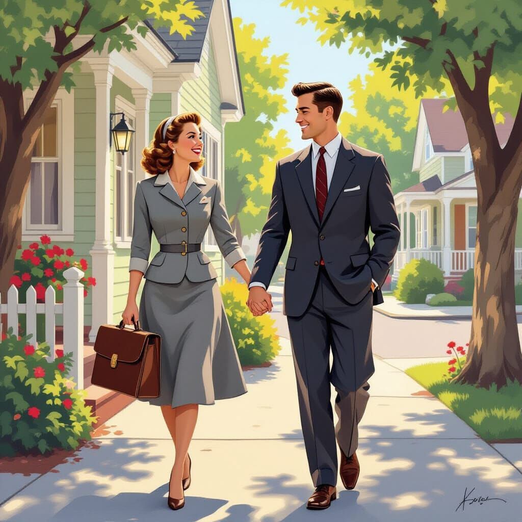 1950s Career Couple Holding Hands Walking Home