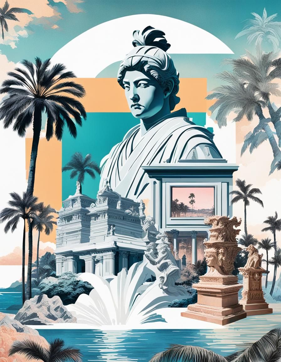 Dreamscape Collage combining elements from past decades, like classical sculptures, palm trees, Japanese text, and 80s/9...