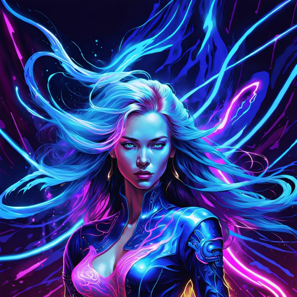 Cyberpunk Woman Surrounded by Indigo Lightning