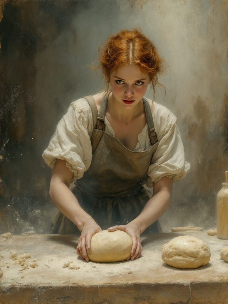 Redhead Baker Kneading Dough in Gothic Kitchen