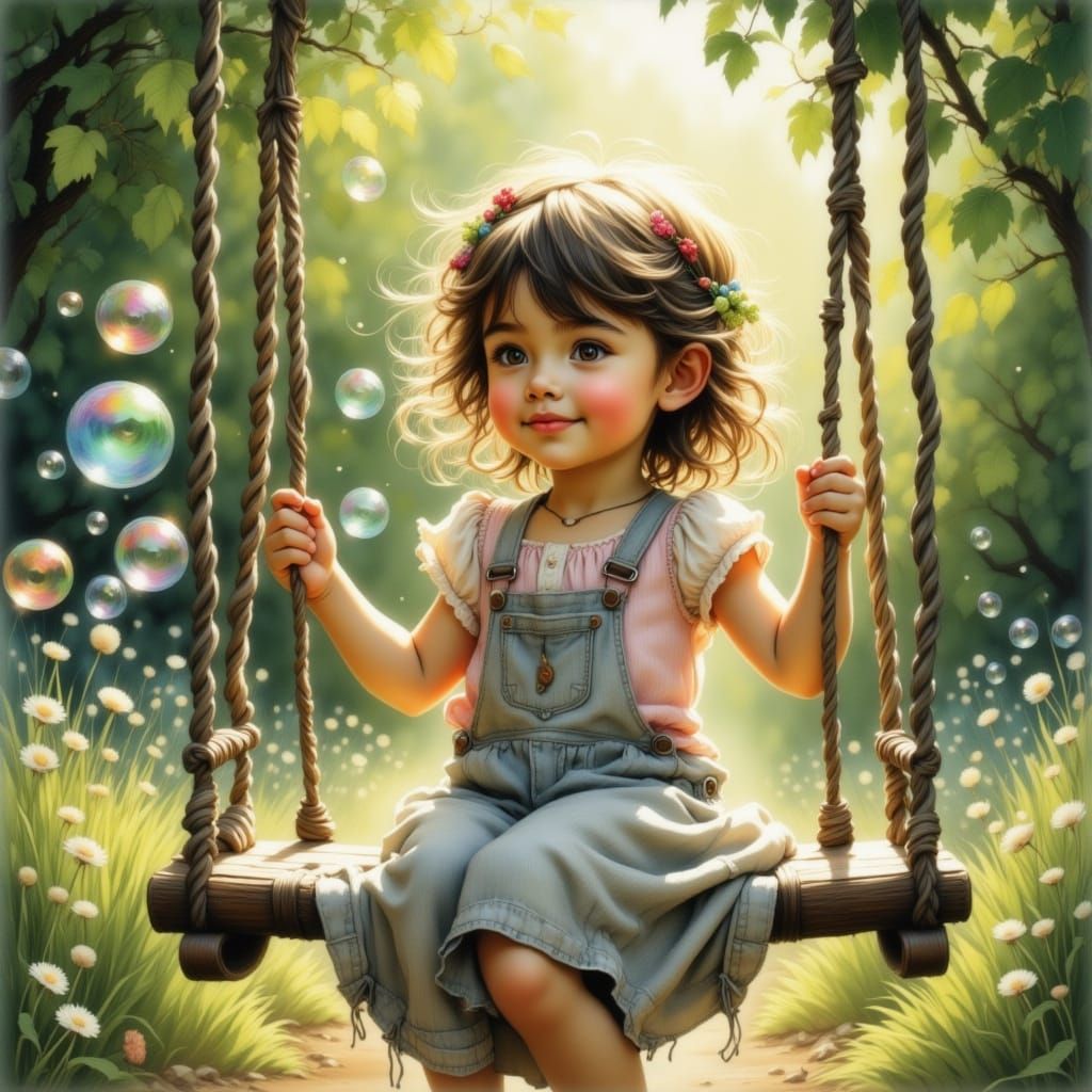 Girl Blowing Soap Bubbles on a Swing