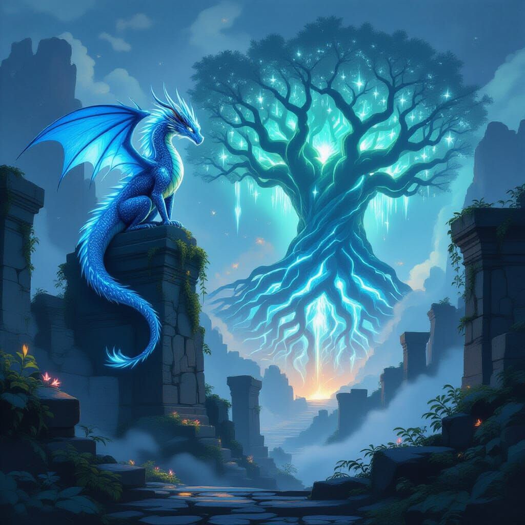 Blue Fire Dragon Over Ancient Temple With Glowing Roots