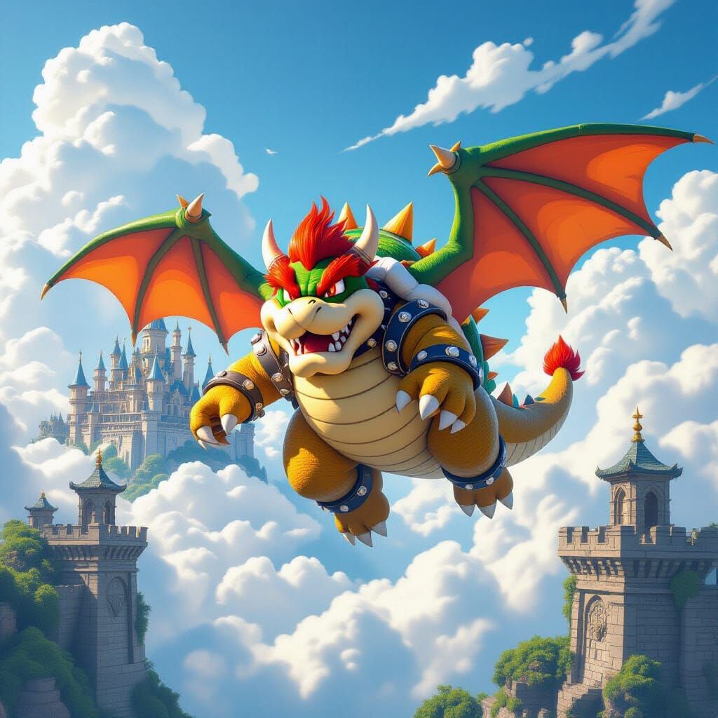Bowser Soaring Through a Vibrant Sky