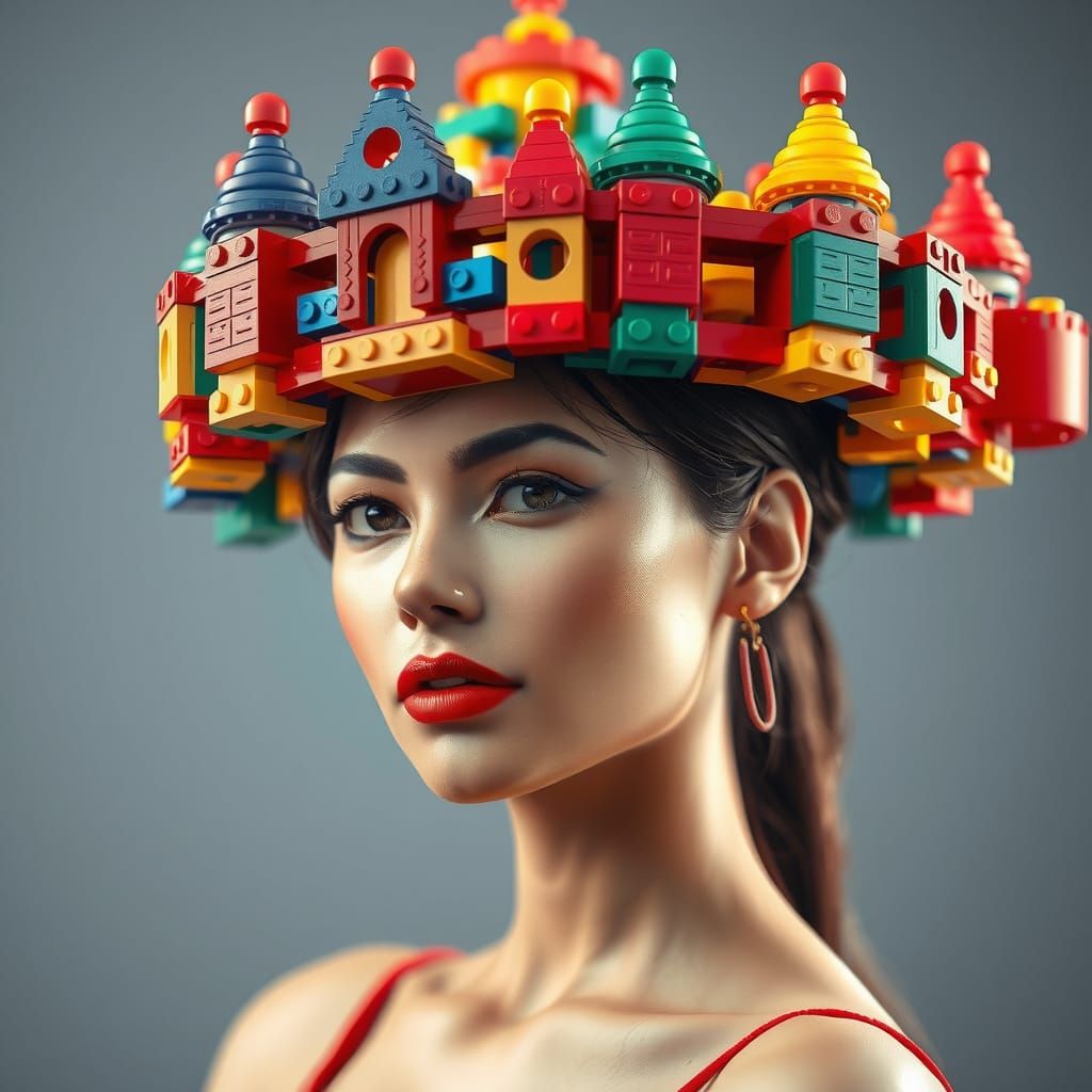 Woman with Castle Hat Made of Building Bricks