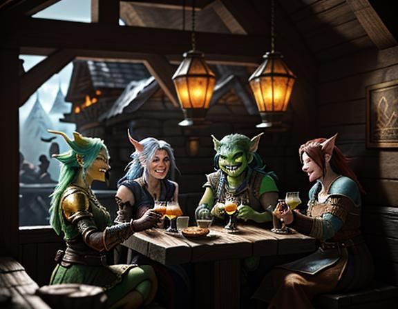 Female Goblins Enjoying Cocktails in Fantasy Tavern