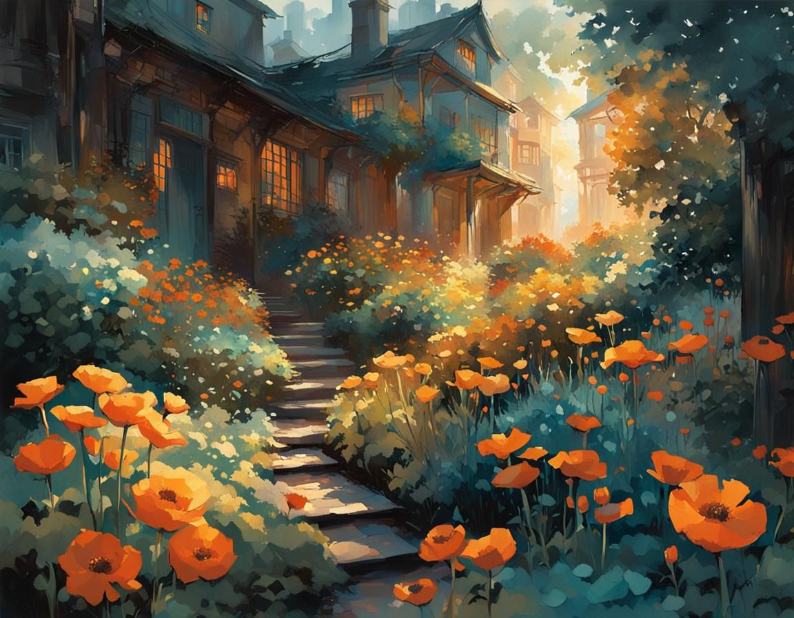 Blooming Garden Illuminated by Sunbeams, Digital Art