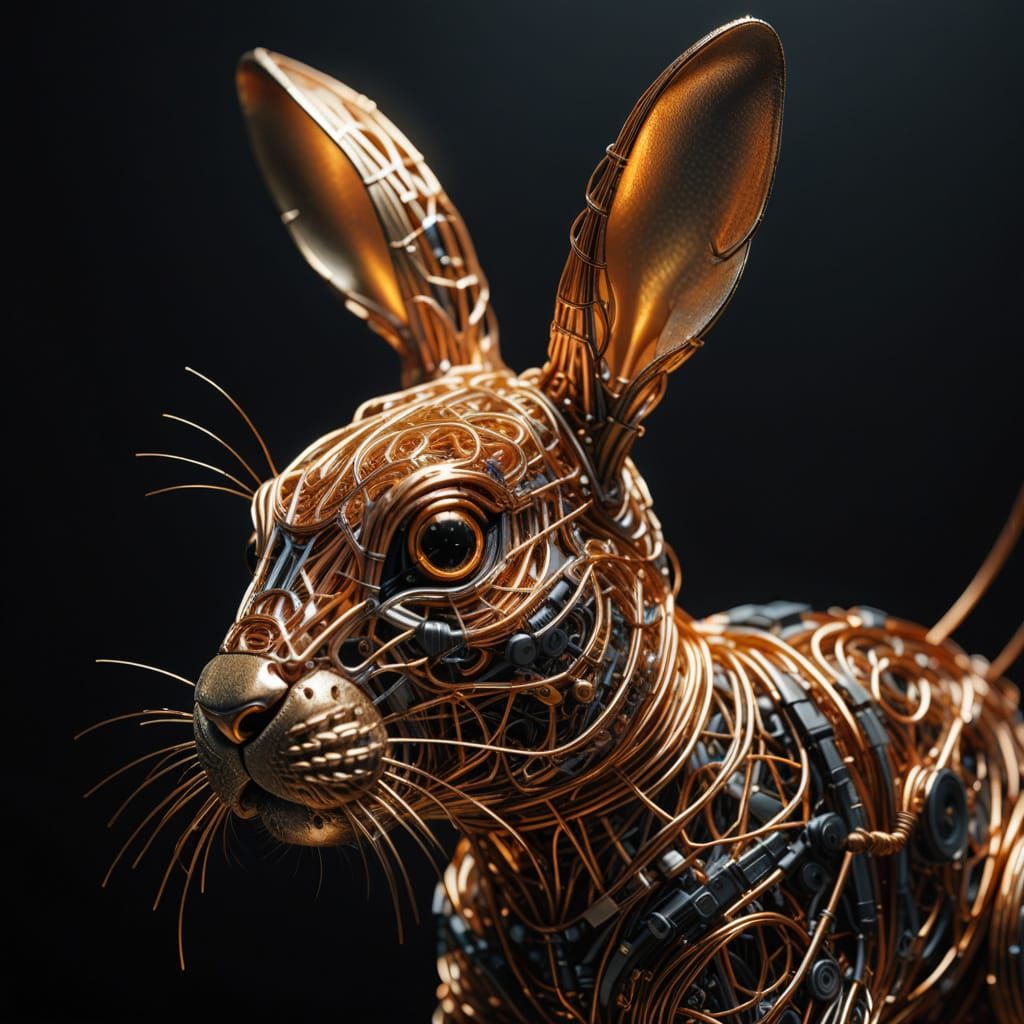 Wireframe Rabbit: Surreal Macro Oil Painting