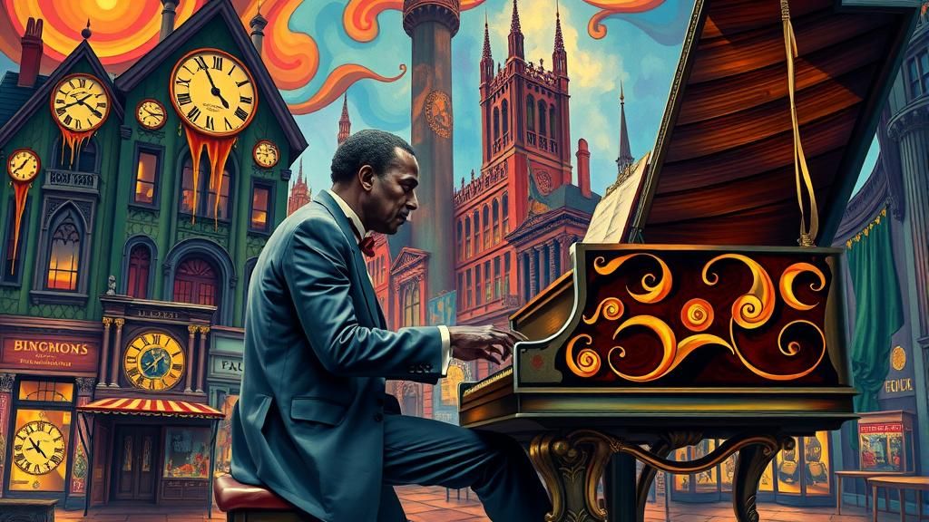 Surreal Musician in Melting Cityscape