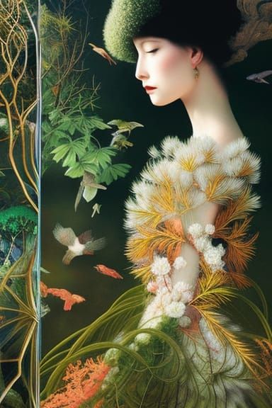 Bird-Human Hybrid in Mycelium Network, Fashion Magazine Art