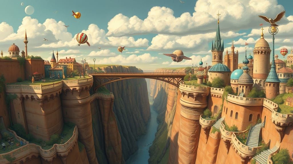 Whimsical Bridge Connects Fantasy Cities Over a Deep Canyon