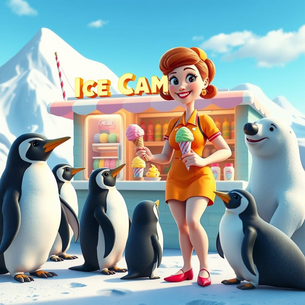 Ice Cream Shop in South Pole, Pixar Style