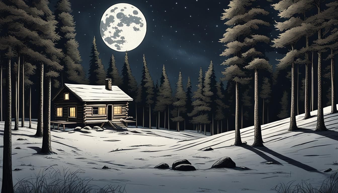 Quiet Forest Cabin Under Rising Full Moon