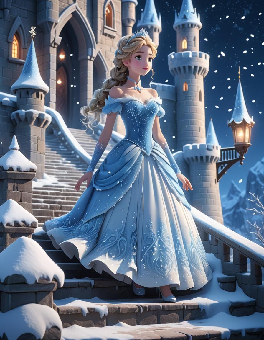 Snow Princess Descends from Majestic Castle: 3D Anime Art