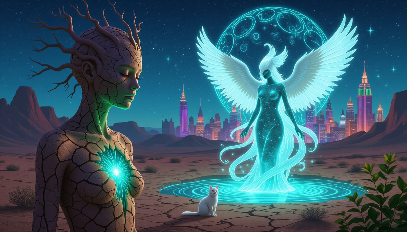 Figure with Earth Skin Revealing Bioluminescent Oasis