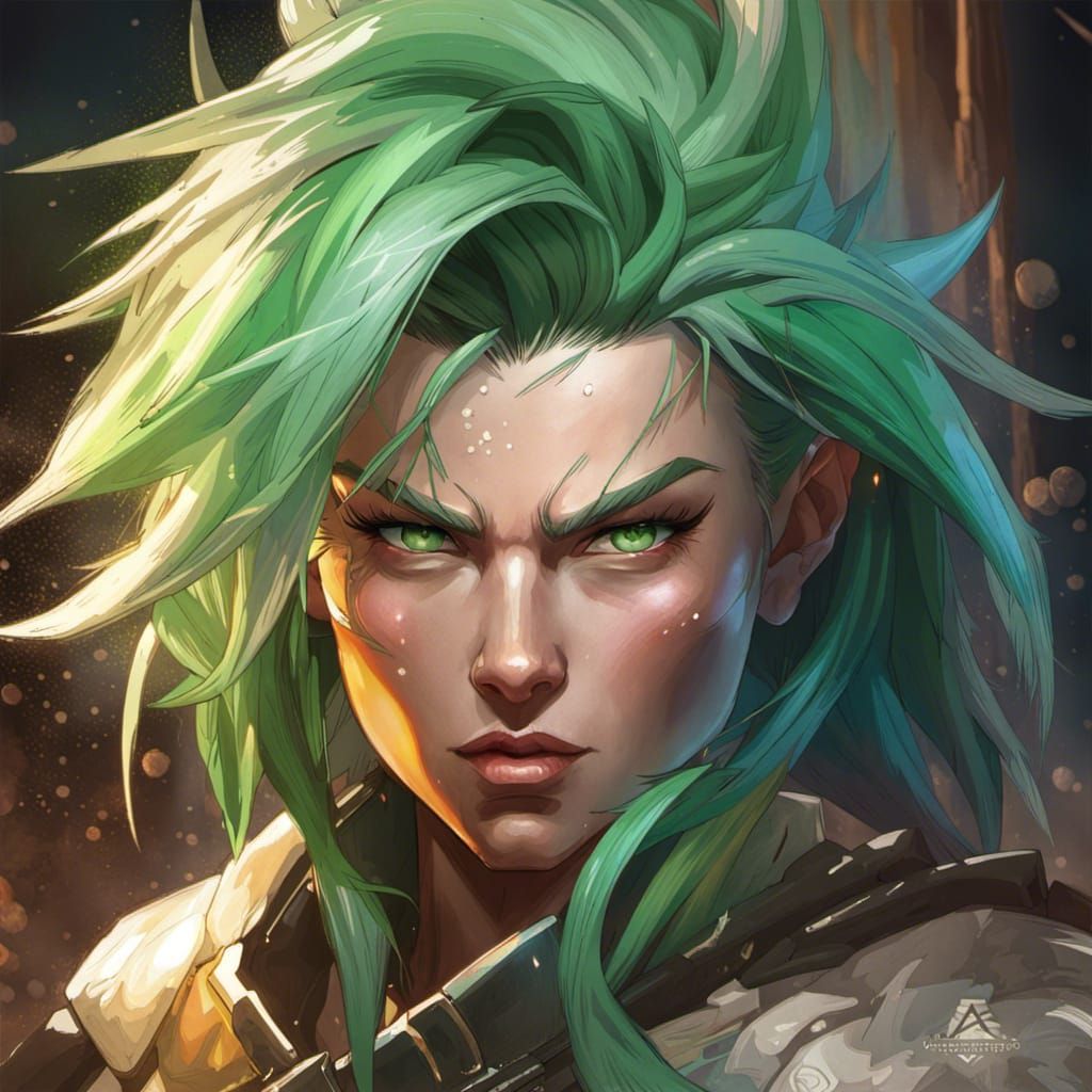 Green-Haired Saiyan Warrior Portrait, Hyperdetailed Concept ...