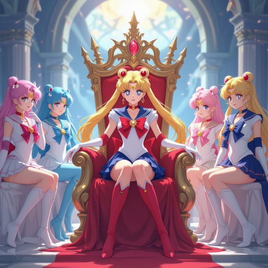 Sailor Moon sitting on the Throne of Swords.  She is surrounded by Sailor Mercury and Sailor Mars and Sailor Jupiter and...