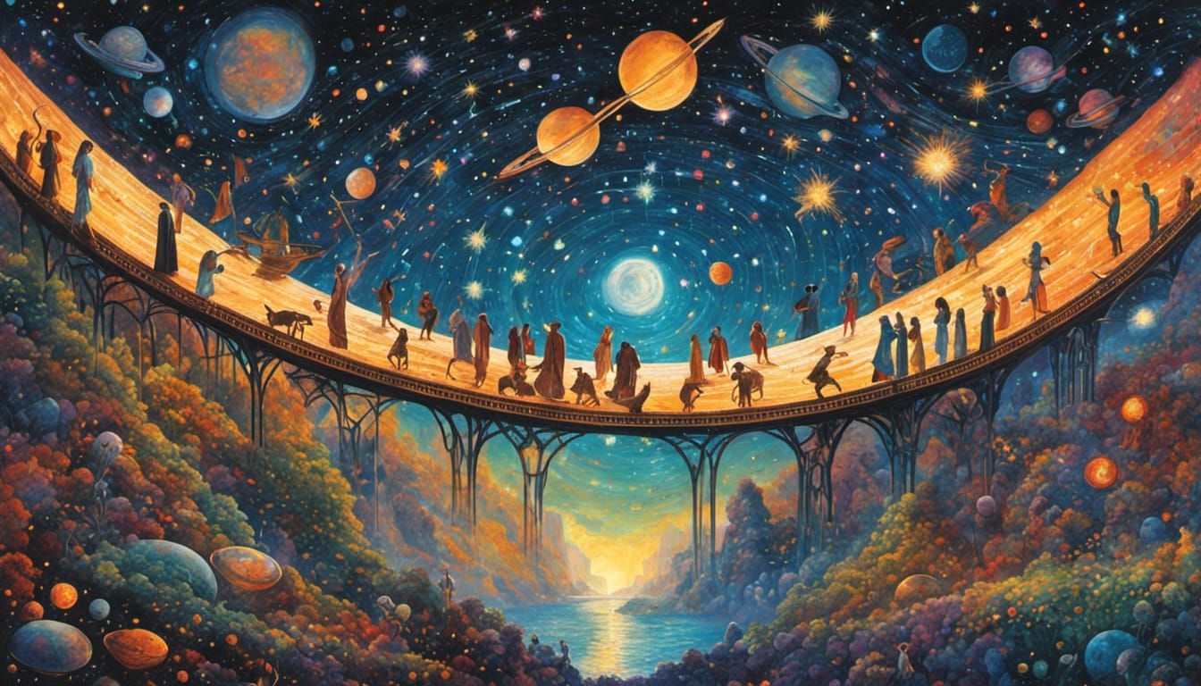 Cosmic Mosaic: Beings Build Bridge Under Starry Cascade