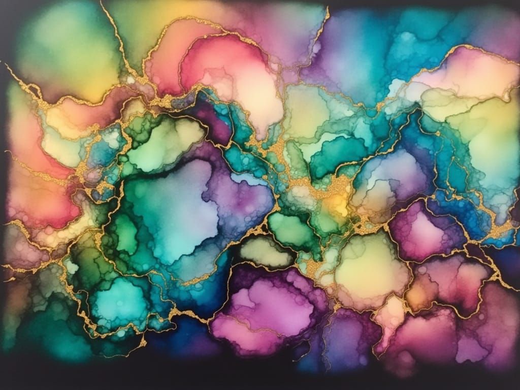 Vibrant Alcohol Inks Swirling on Black Paper
