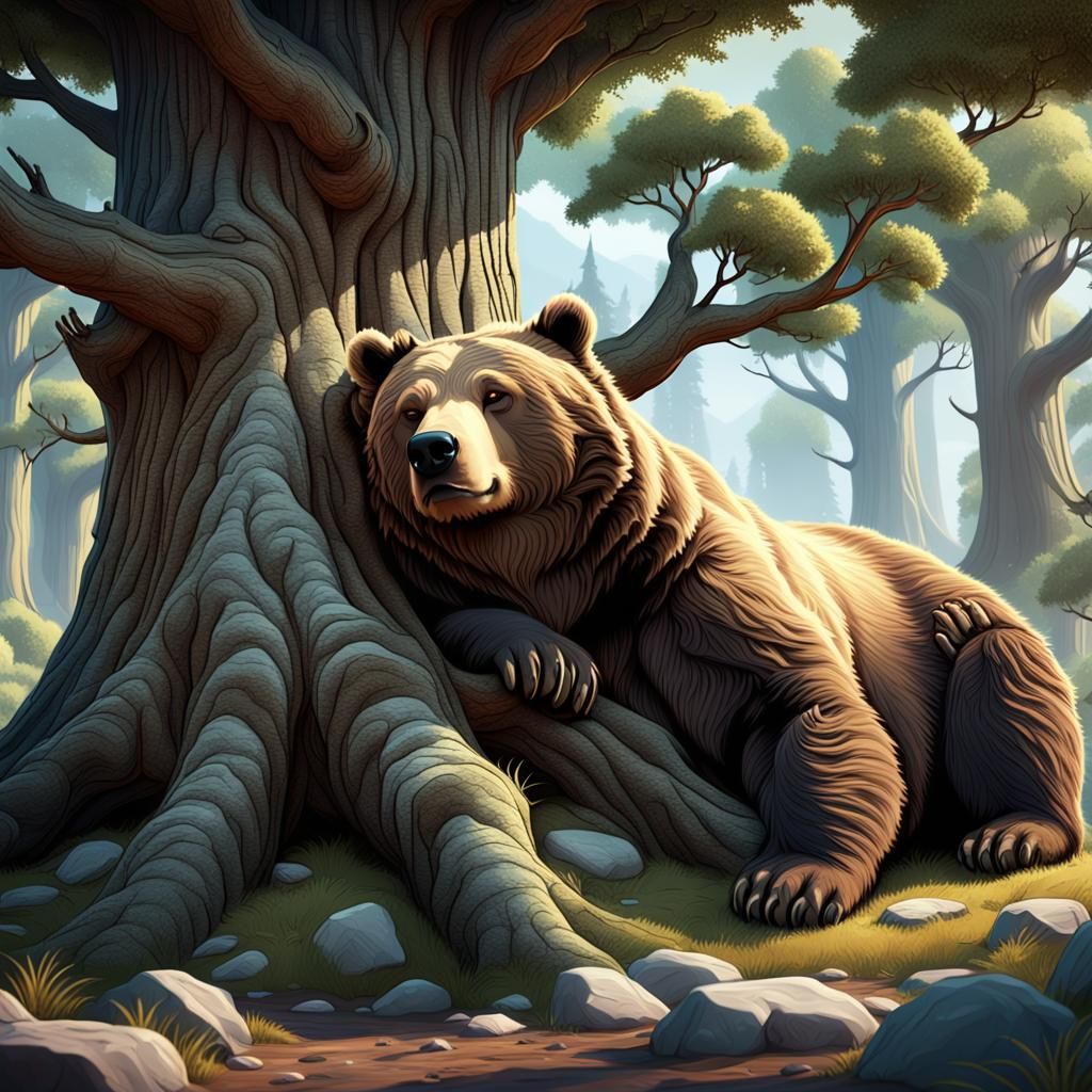 Peaceful Grizzly Bear Asleep Under Banyan Tree