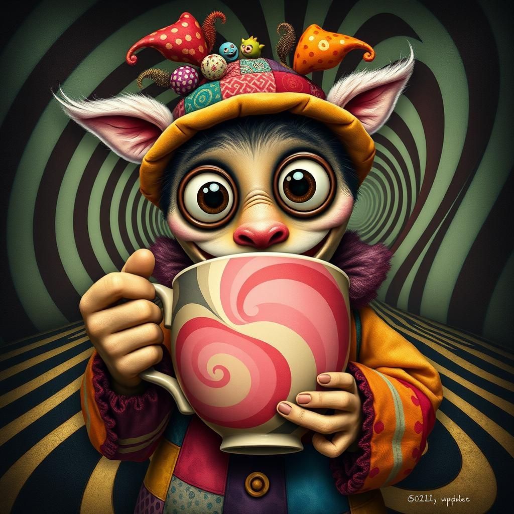 Playful Creature Drinks from Psychedelic Cup
