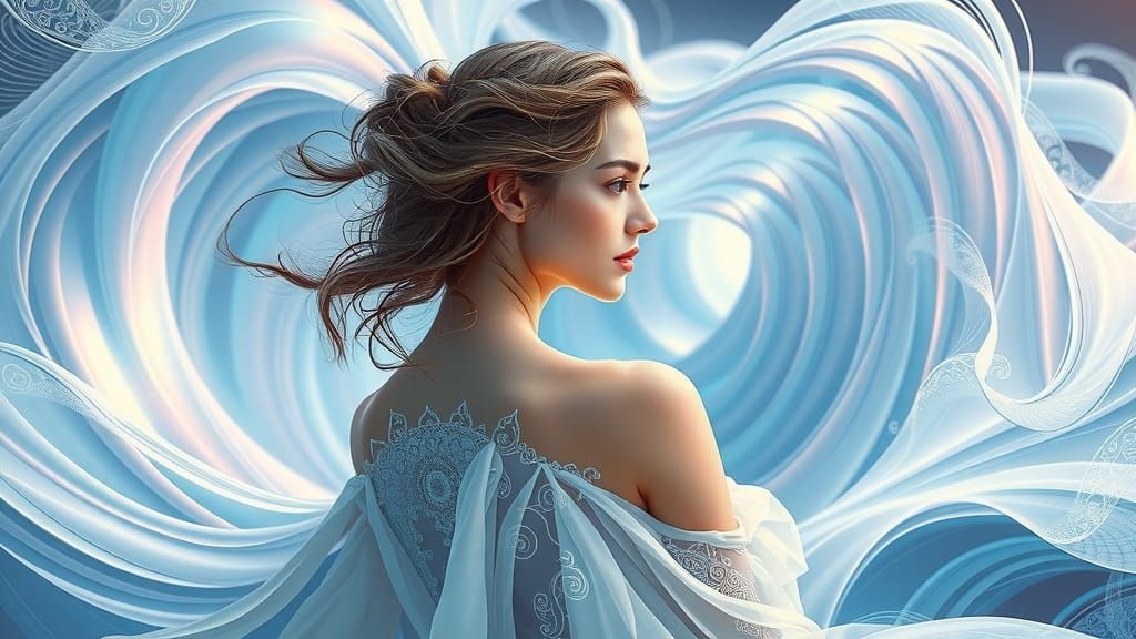 Young Woman in Fractal Landscape, Digital Art