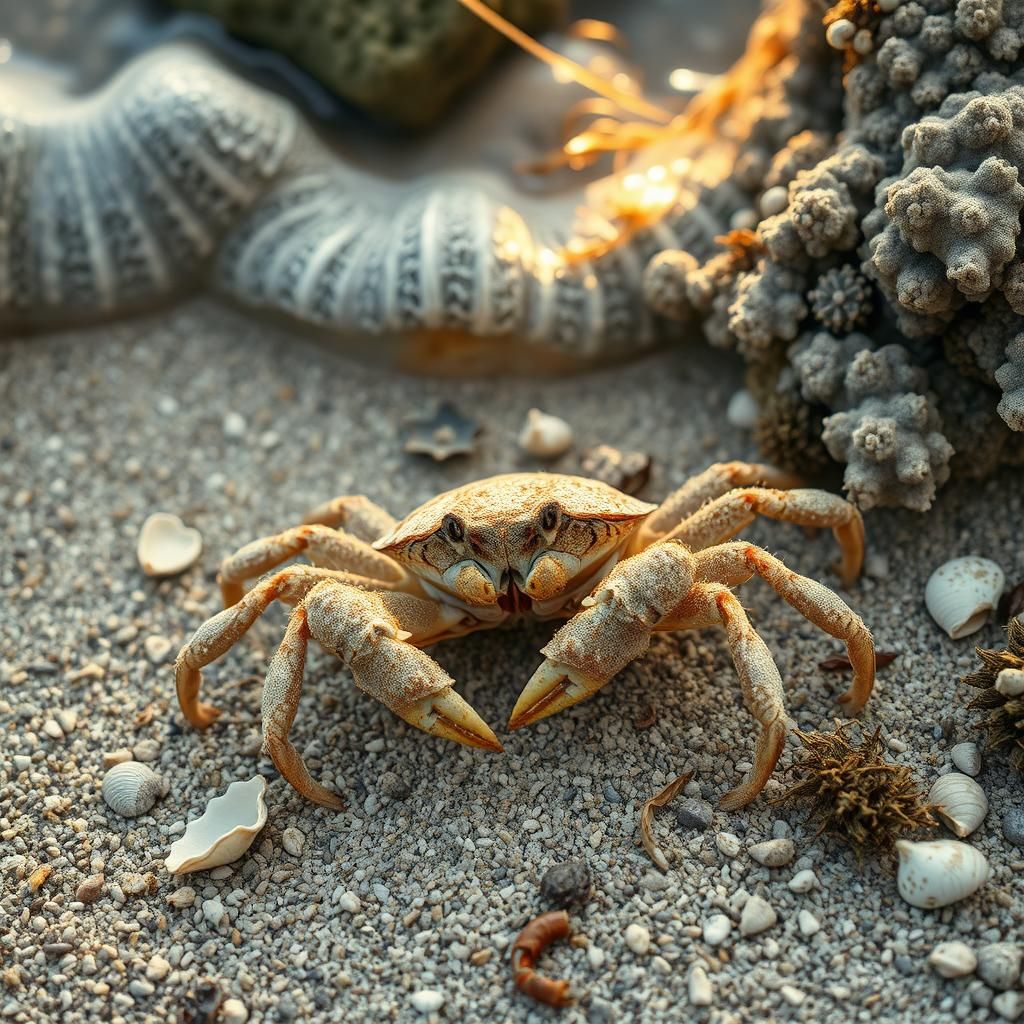 Crab Contemplation on Sandy Shore in Dreamlike Realism