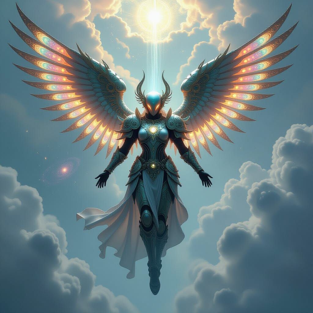 Biomechanical Angel Descends in Ethereal Art Nouveau Style