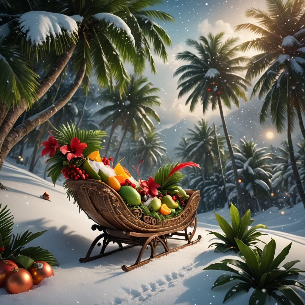 Tropical Christmas Sled Gliding Down Snowy Hill