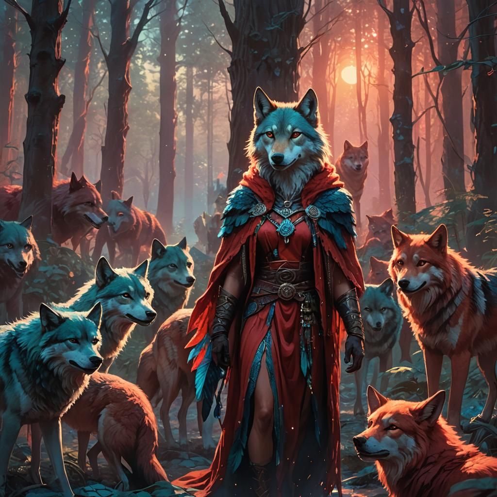 Anthropomorphic Red Wolf Guards Pack in Dreamlike Forest
