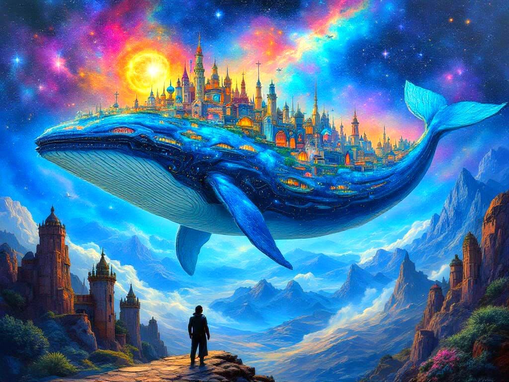 Celestial Whale Cityscape in Cosmic Surrealism Style