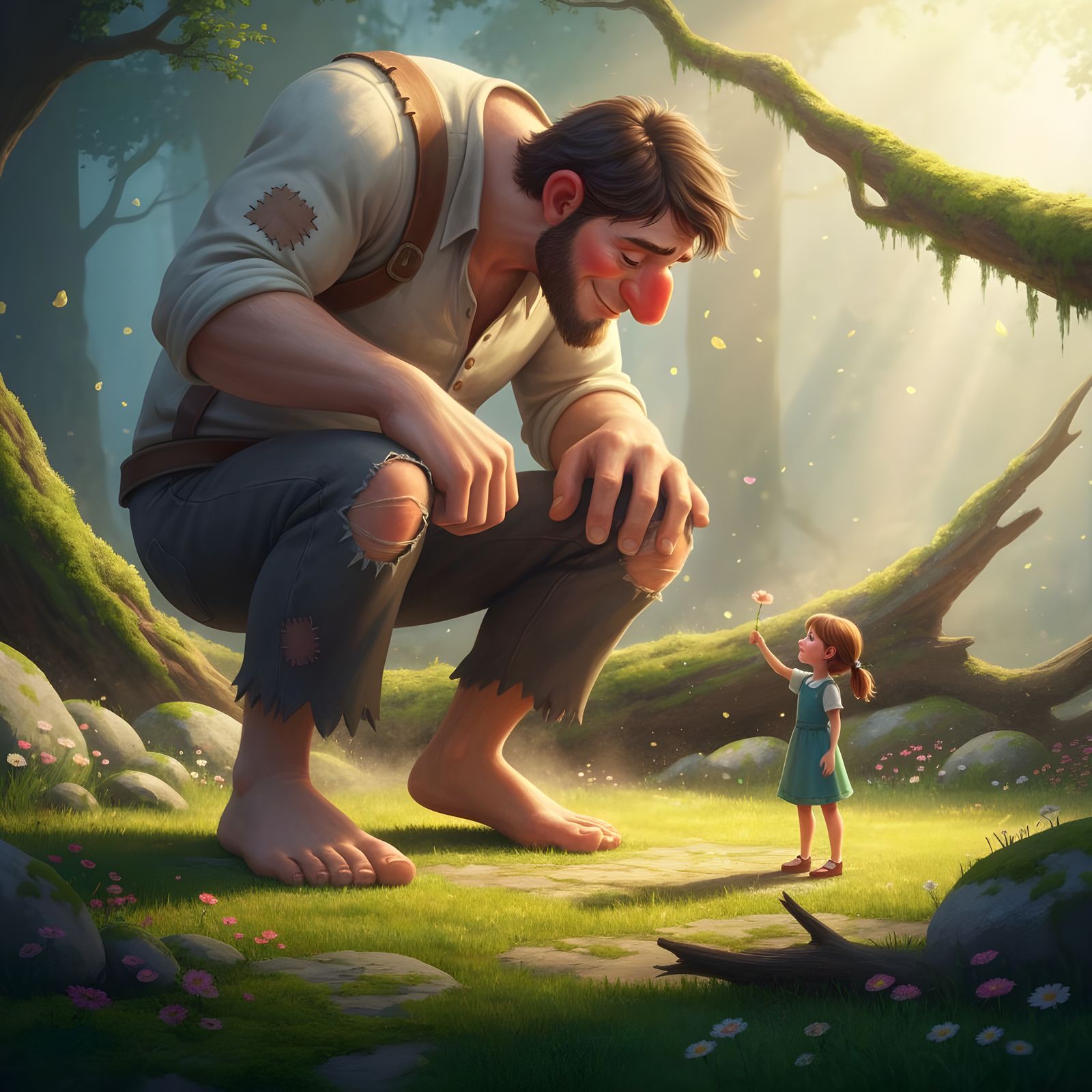 Friendly Giant and Girl in Enchanted Forest