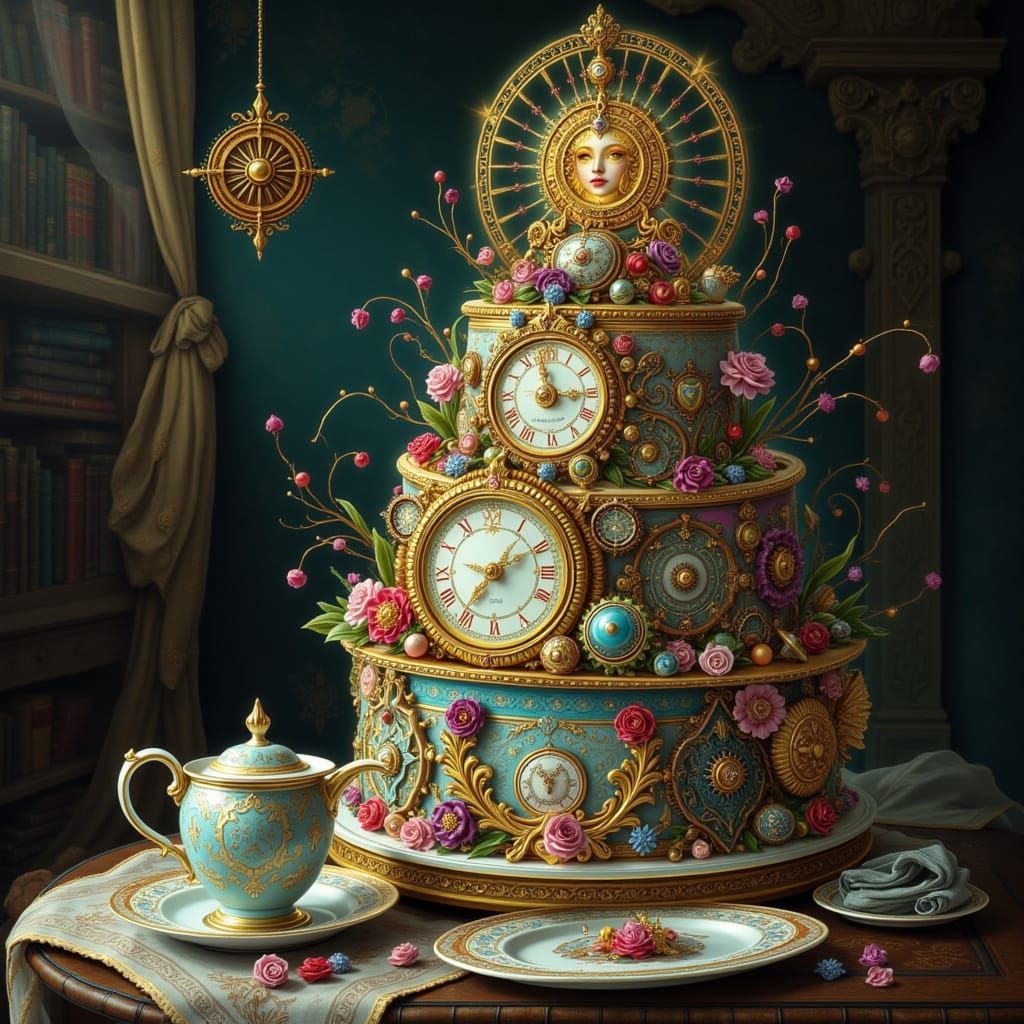 <lora:Neon Vibrancy:1.0> a whimsical clockwork cake, its gea...