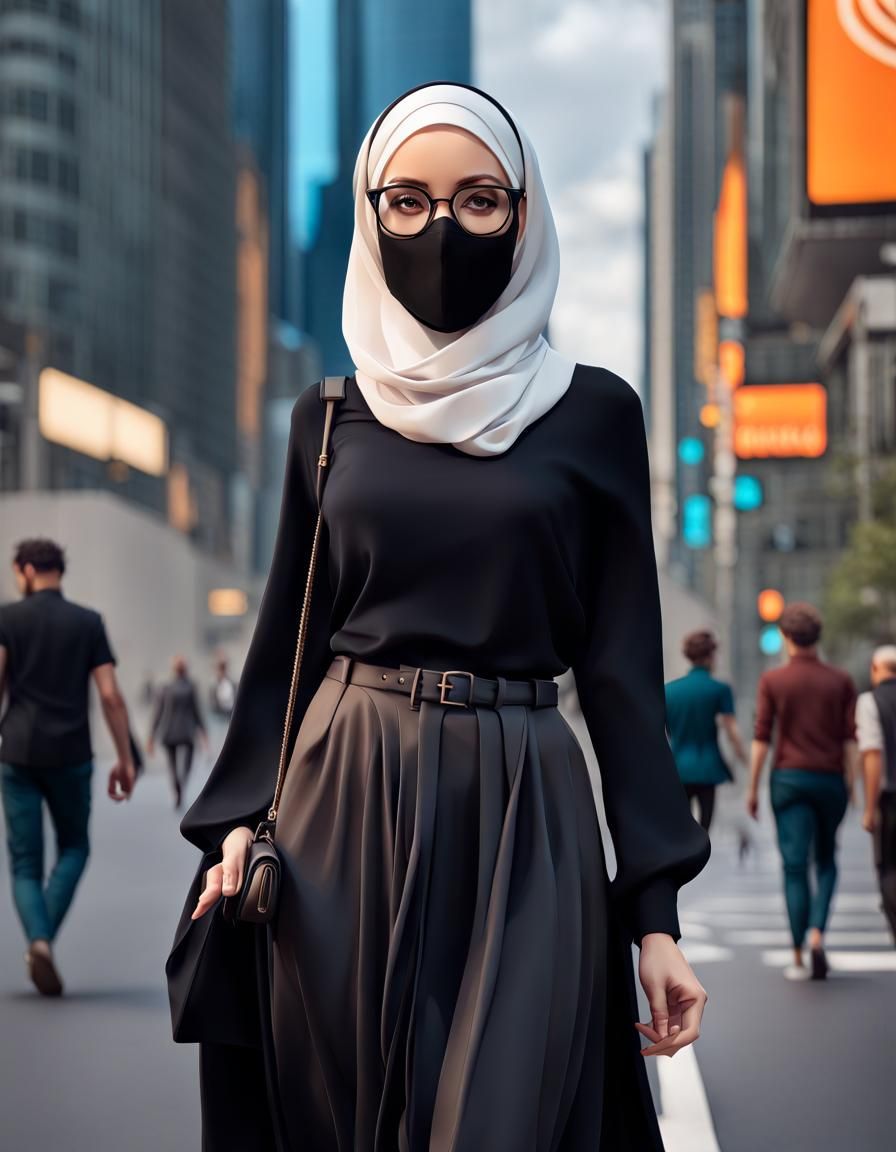 German Woman in Hijab Walking in City, Digital Art