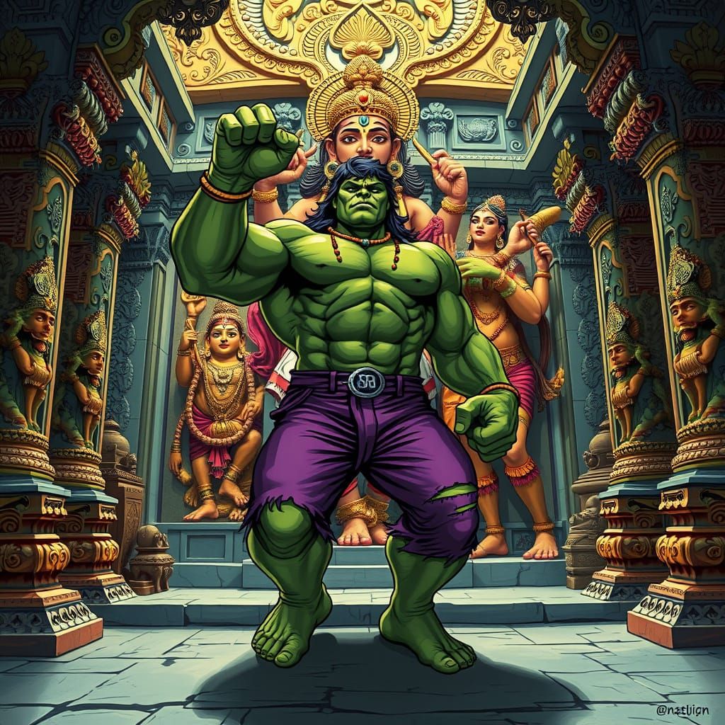 Hulk Worshipping Hanuman in Vibrant Indian Temple