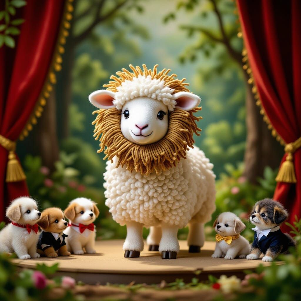 Sheep Dressed as Lion on Stage with Woodland Animals